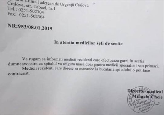 Medicii de la spitalul din Craiova refuză să mai mănânce la cantină: „Este o discriminare inadmisibilă”